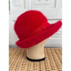 Vintage 60's Kangol Designs England Womens Fuzzy Angora Fedora Hat Red 22"